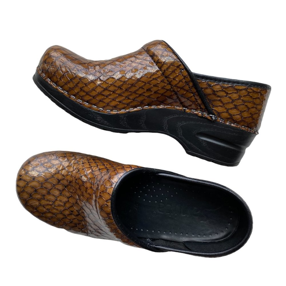 Sanita Bronze Snake Print Patent Leather Comfort Clogs Nurse Chef Size 37